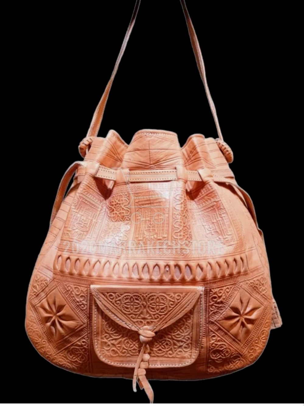 Moroccan Leather Handmade Embossed Boho Hippie Shoulder Bucket Bag - Picture 2 of 14